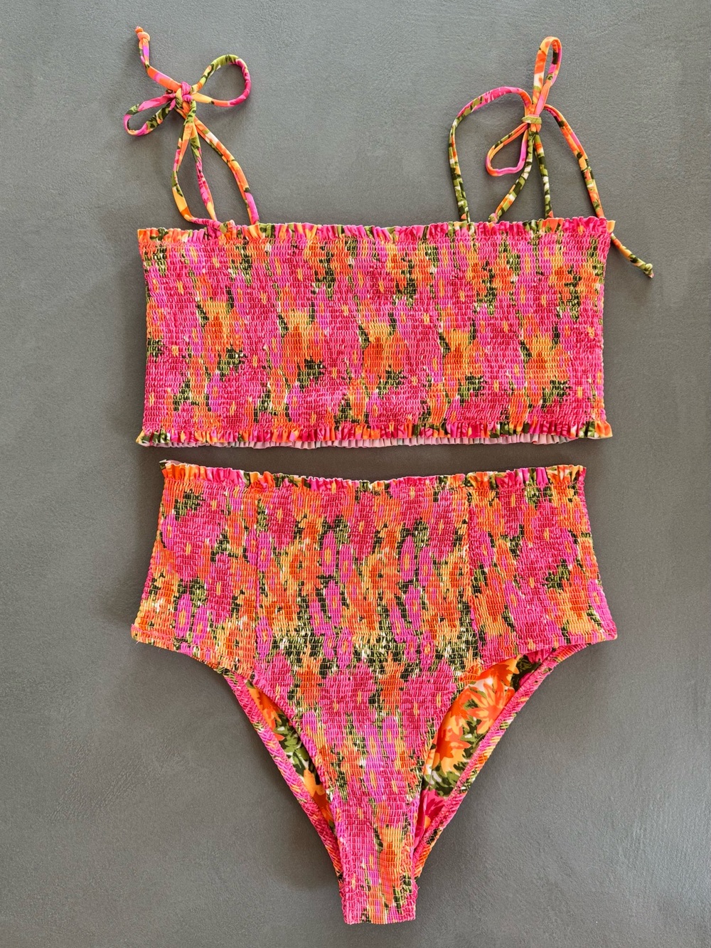 Show Me Your MuMu Pink Orange Floral Smocked Bikini Set